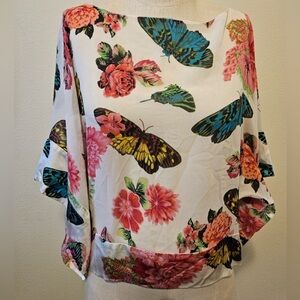 Karen Kane White Silk Bold Floral and Butterfly Kimono Sleeve Blouse Size Medium